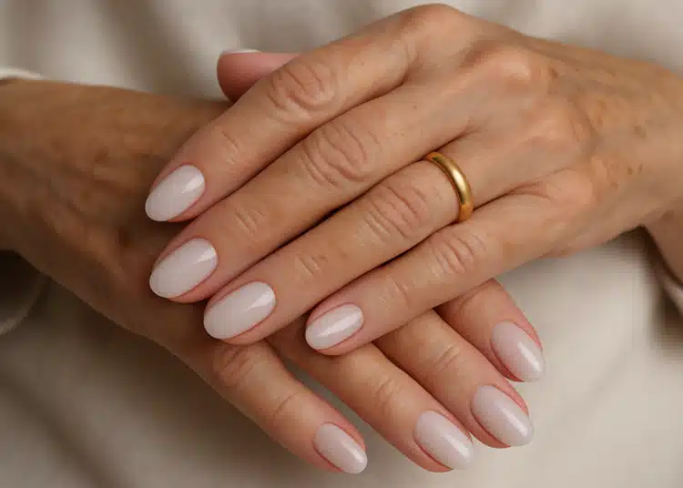 Mãos femininas maduras exibindo unhas soap nails claras e anel dourado