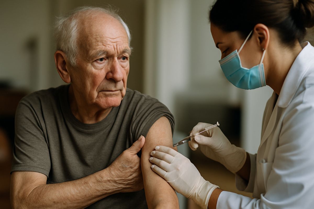 Profissional de saúde aplica vacina contra HPV em paciente idoso em clínica