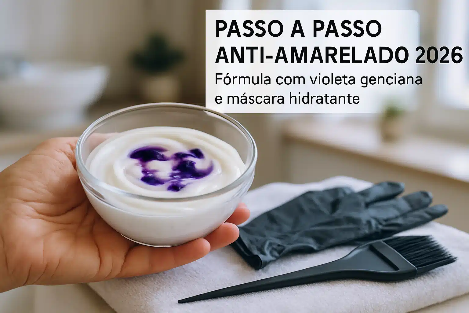 Mão segura tigela de creme branco com violeta genciana ao lado de luva preta e pincel sobre toalha