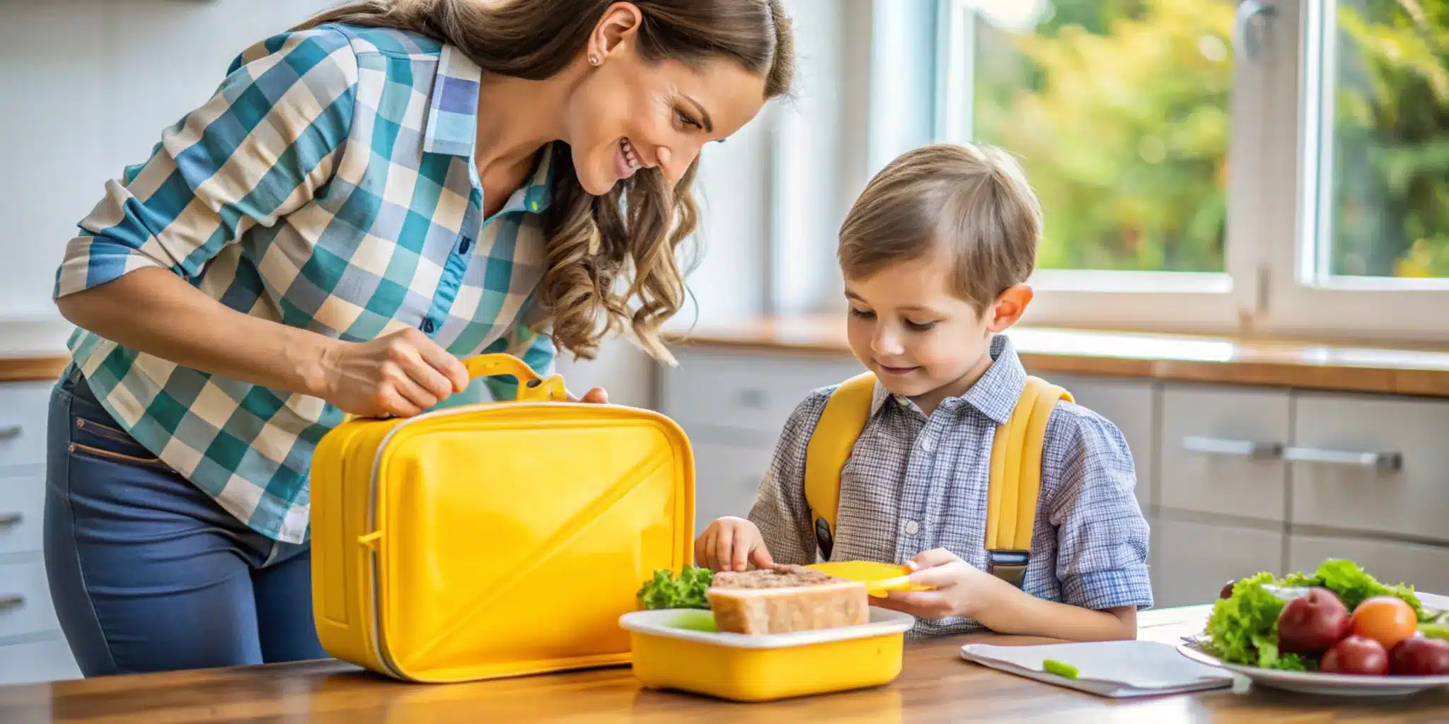 Mãe preparando lancheira escolar com sanduíche e alimentos saudáveis para criança antes da escola.