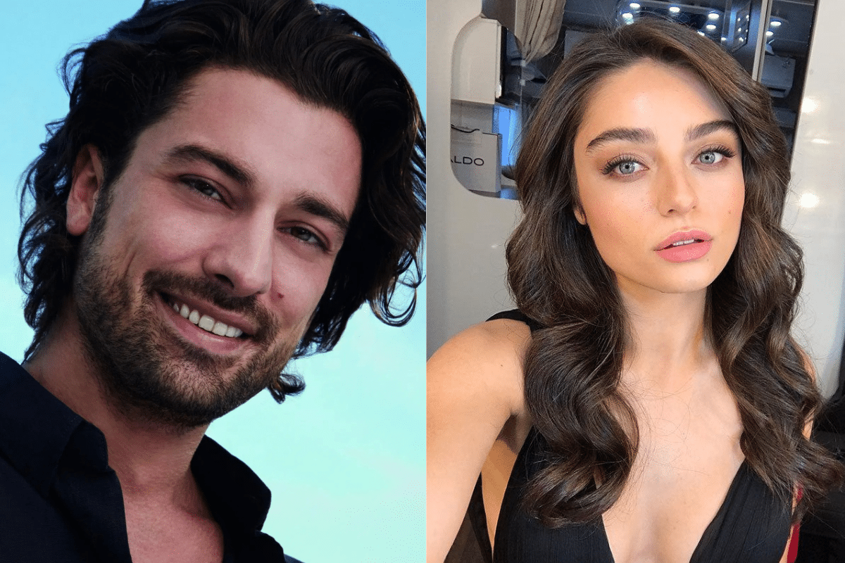 Fotos de perfil de Alp Navruz e Ayça Ayşin Turan, lado a lado. Alp aparece sorrindo suavemente com cabelos cacheados escuros e uma barba rala, enquanto Ayça tem cabelos longos e ondulados com maquiagem natural.