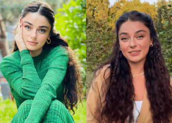 Atriz turca Ayça Ayşin Turan ao ar livre. À esquerda, ela está sentada na grama com um conjunto verde de tricô e cabelos longos e ondulados. À direita, ela aparece em pé, com um blazer bege claro e um sorriso suave, também em um cenário com árvores.