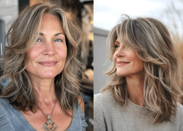 Duas fotos de uma mulher madura de cabelos loiros acinzentados com o corte Butterfly Cut. Na esquerda, ela olha para a frente; na direita, está de perfil, destacando as camadas que emolduram o rosto e o volume natural dos fios.