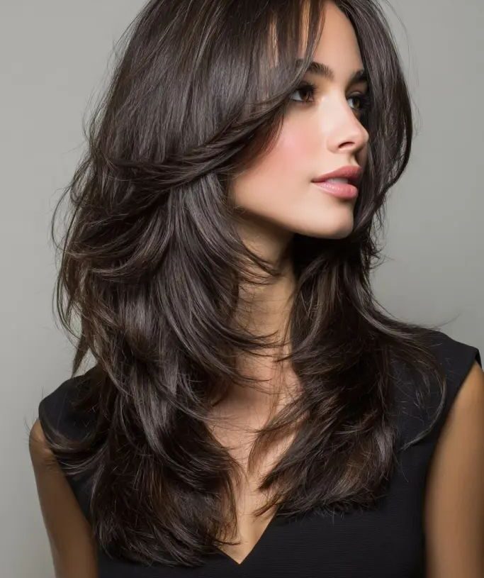 Mulher com cabelo escuro usa corte em camadas longas, destaque suave nos fios