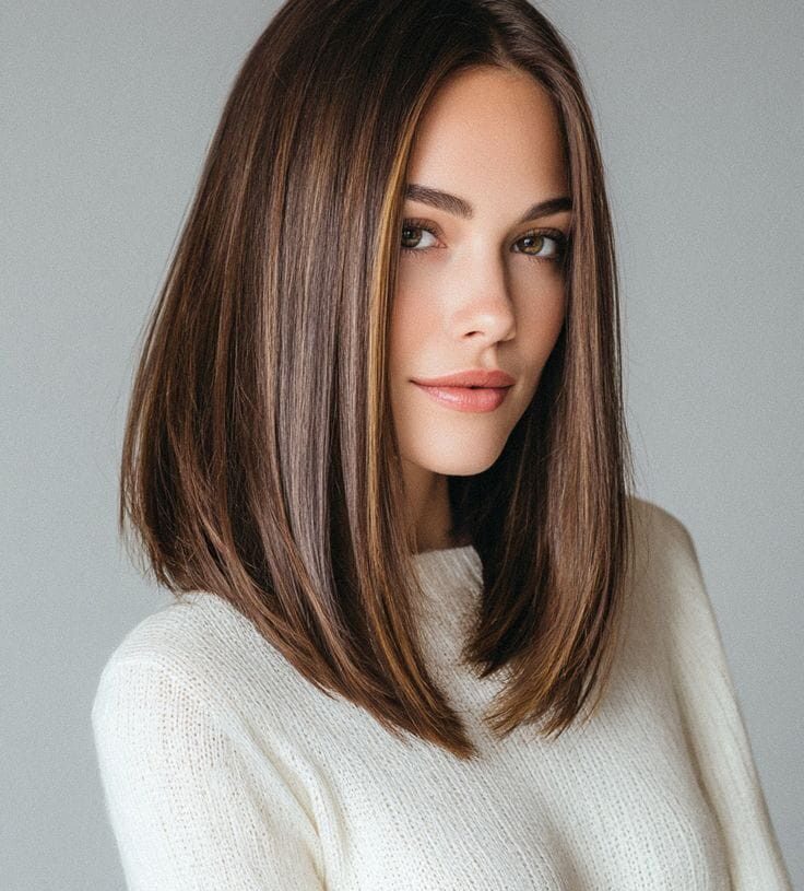 Mulher exibindo corte long bob reto com fios castanhos, usando suéter claro