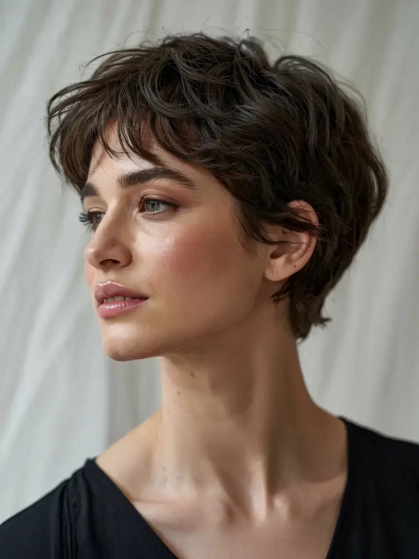 Mulher com corte pixie texturizado olhando para o lado com fundo claro
