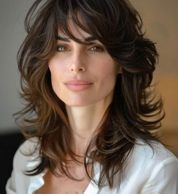 Mulher com corte shaggy hair volumoso posa usando camisa branca