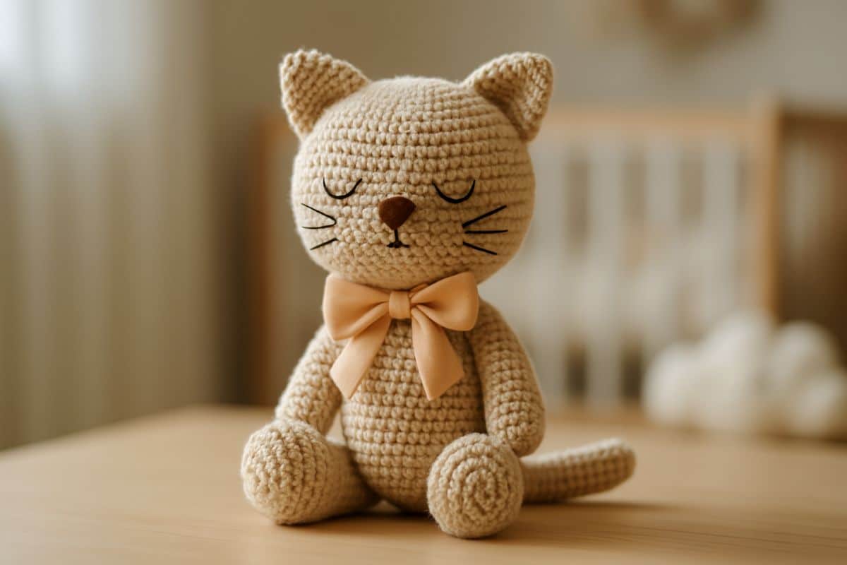Gatinho amigurumi de crochê bege com laço laranja sentado sobre superfície de madeira
