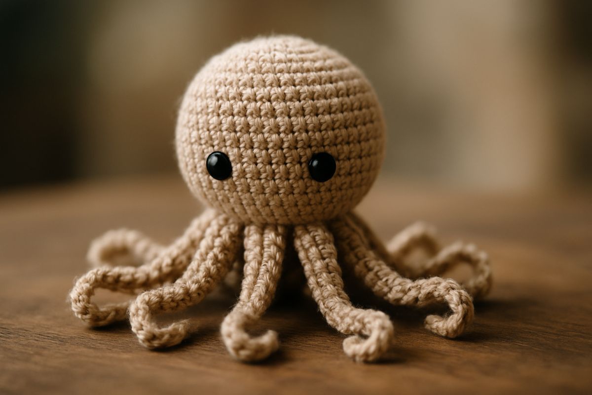 Polvo amigurumi de crochê bege com olhos de acrílico pretos sobre superfície de madeira