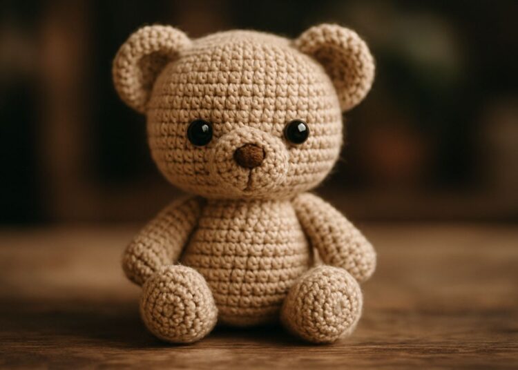 Urso amigurumi de crochê bege sentado sobre superfície de madeira com fundo escuro desfocado