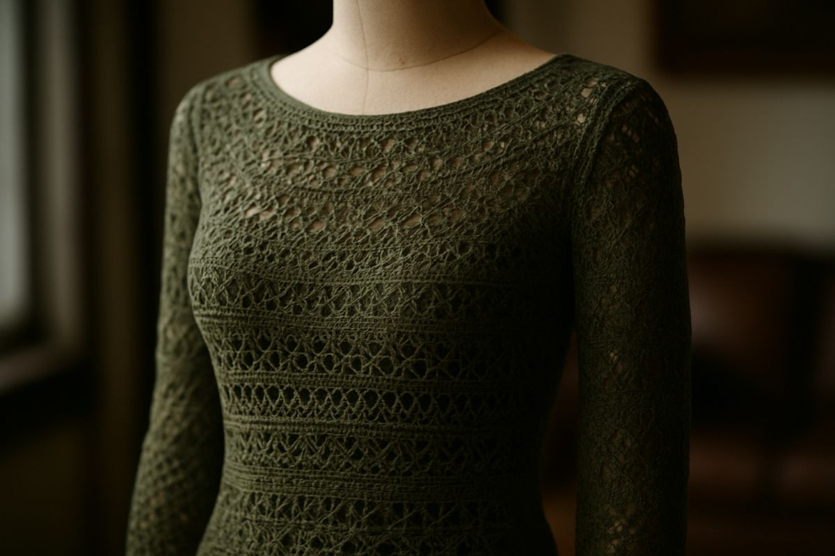 Blusa de crochê moderna estilo Elegance na cor verde musgo em manequim, com detalhes vazados e manga longa