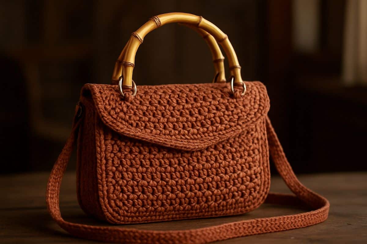 Bolsa de crochê terracota com alça de bambu e tiracolo sobre mesa de madeira