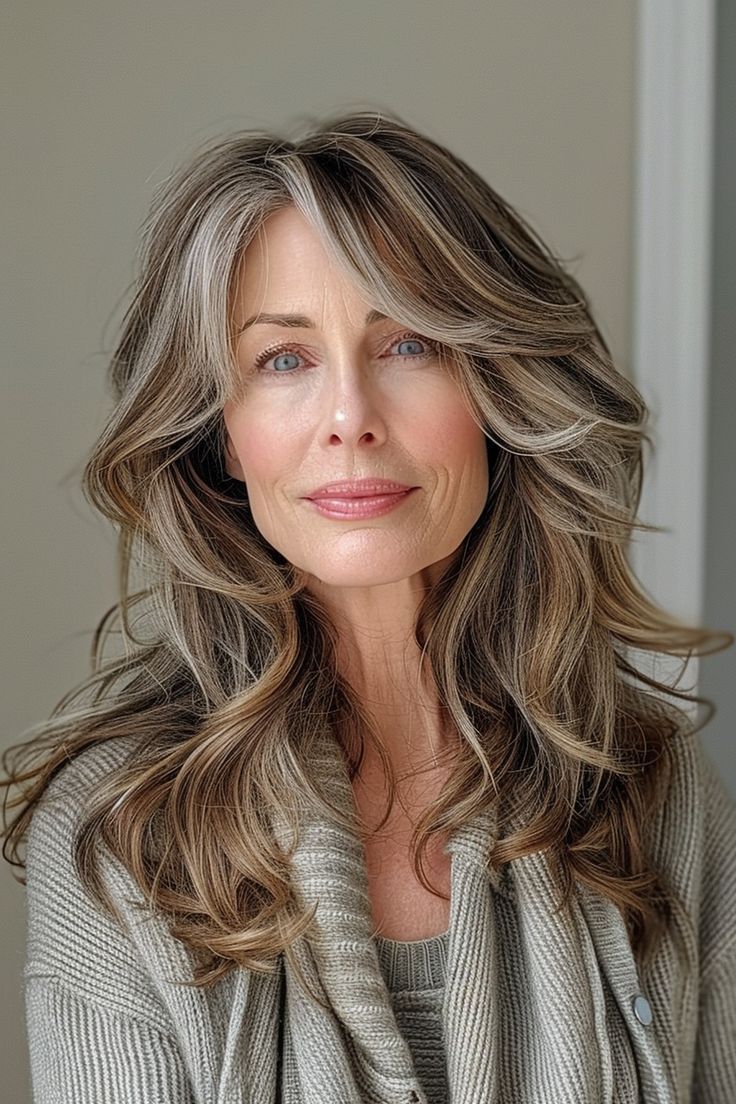 Mulher de pele clara com cabelos longos em tons de loiro escuro e mel, exibindo um corte Butterfly Cut com camadas volumosas e fluidas que emolduram o rosto. Ela veste uma blusa de tricô cinza em um ambiente de iluminação suave.