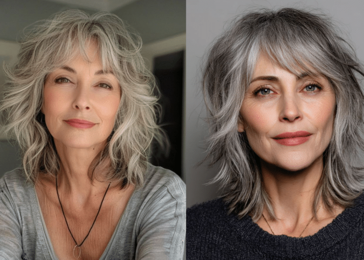 Montagem comparativa de duas mulheres maduras exibindo o corte shaggy em cabelos grisalhos com camadas repicadas e franja desfiada.
