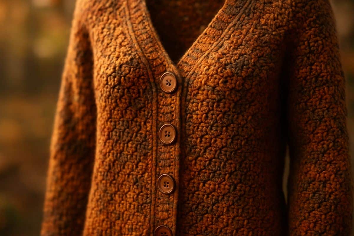 Cardigan de crochê artesanal na cor terracota com botões de madeira, estilo outono