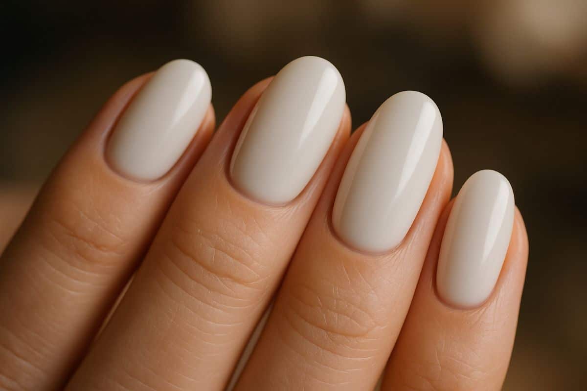 Unhas ovais esmaltadas em tom off-white leitoso Cloud Dancer