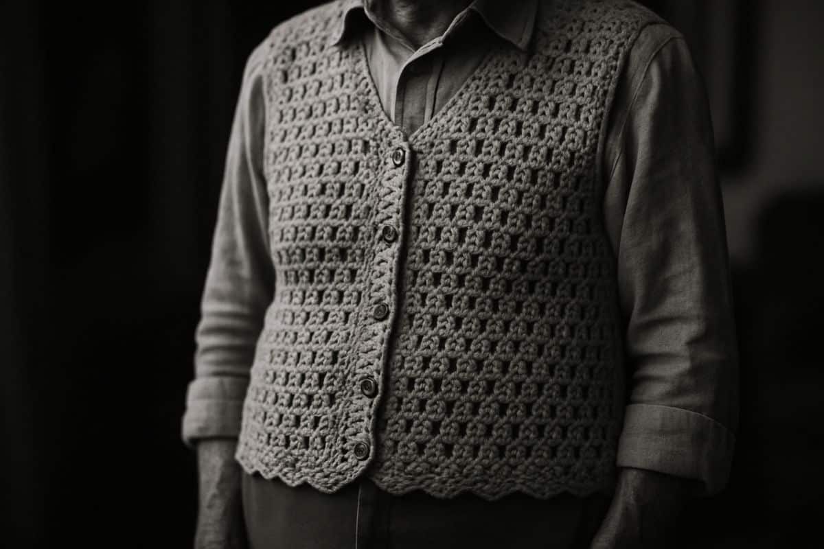 Colete de crochê cinza em ponto rendado com botões escuros sobre camisa de linho, estilo matching set