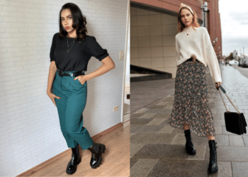 Duas fotos comparando looks com coturno tratorado preto. À esquerda, calça de alfaiataria verde cenoura e blusa preta. À direita, saia midi floral, tricô branco e coturno.