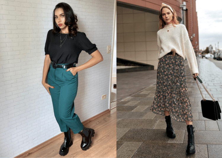 Duas fotos comparando looks com coturno tratorado preto. À esquerda, calça de alfaiataria verde cenoura e blusa preta. À direita, saia midi floral, tricô branco e coturno.