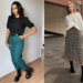 Duas fotos comparando looks com coturno tratorado preto. À esquerda, calça de alfaiataria verde cenoura e blusa preta. À direita, saia midi floral, tricô branco e coturno.