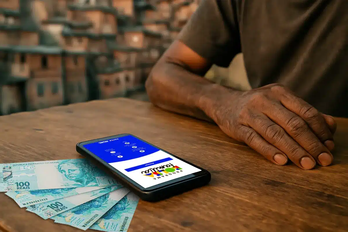 Celular com aplicativo do Bolsa Família sobre cédulas de reais em mesa de madeira