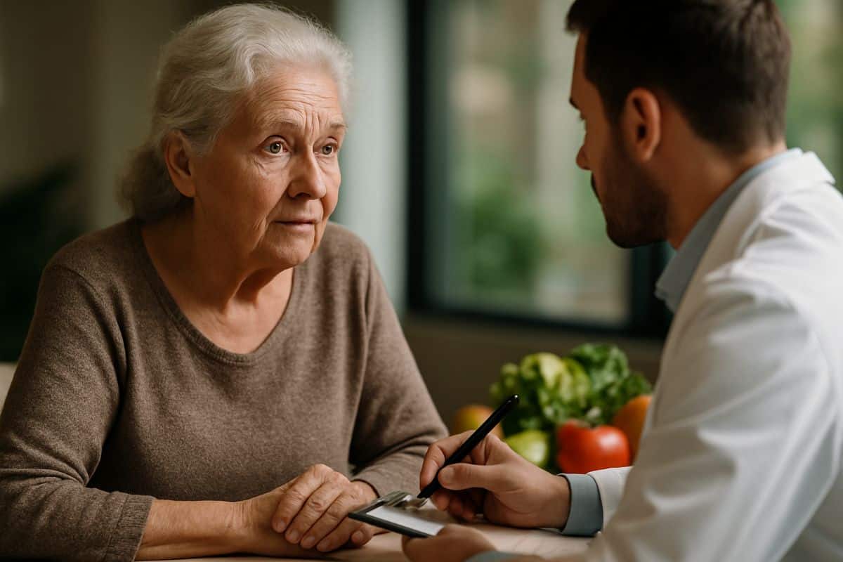 Mulher idosa em consulta médica recebendo orientações sobre suplementação