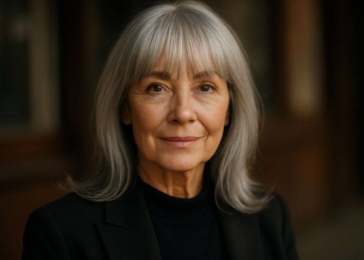 Mulher madura com cabelos grisalhos e franja reta exibindo corte elegante que emoldura o rosto