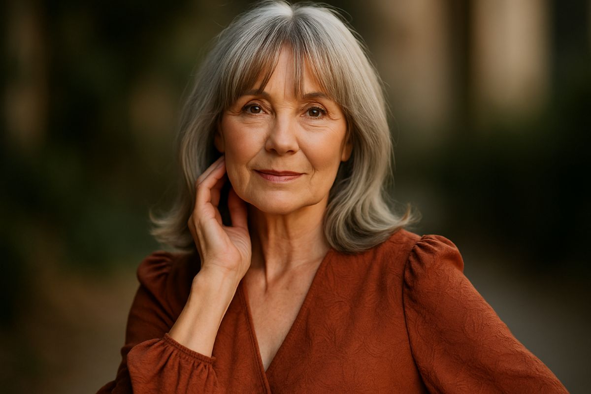Mulher madura com cabelos grisalhos e franja cortininha lateral exibindo corte elegante