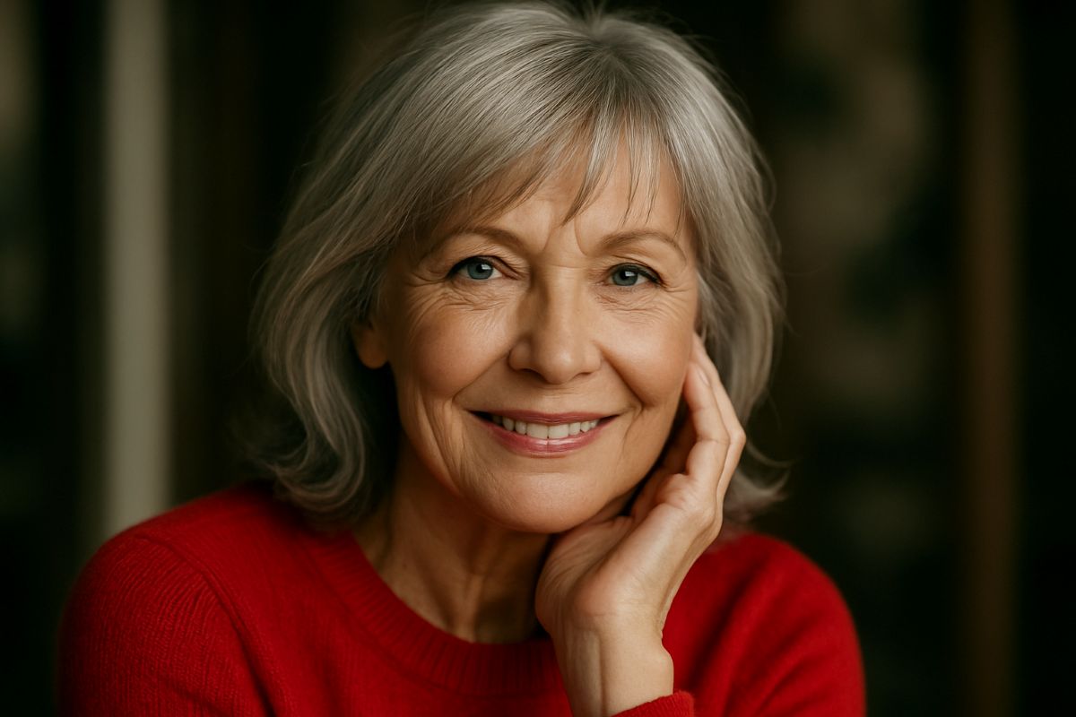 Mulher madura com cabelos grisalhos curtos e franja desfiada lateral sorrindo com elegância