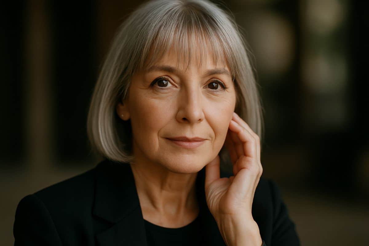 Mulher madura com chanel grisalho e franja reta leve exibindo visual clássico e elegante