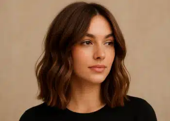 Mulher de cabelos castanhos médios, ondulados, usando blusa preta