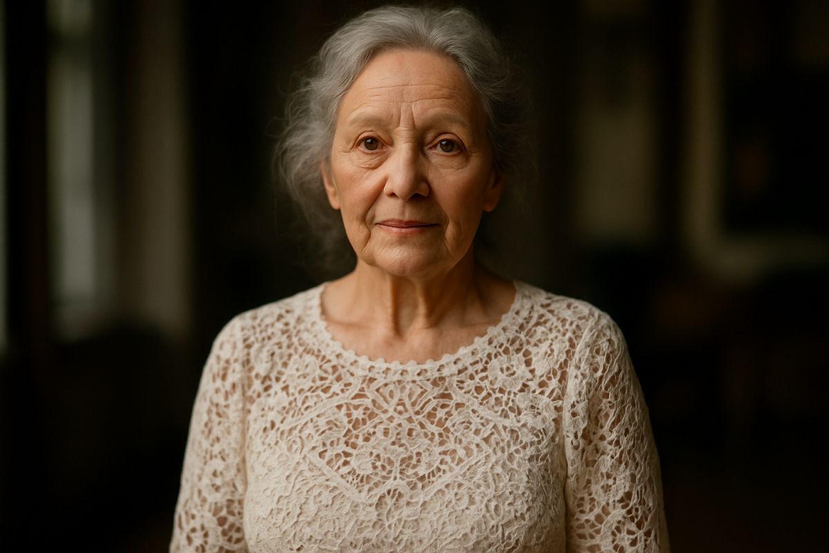 Mulher de cabelos grisalhos usando blusa de crochê com renda branca — tendência lace crochet outono 2026