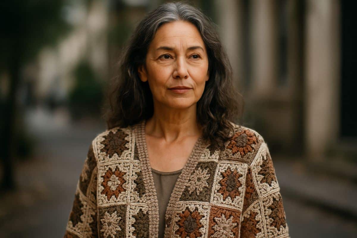 Mulher usando cardigã de crochê com quadrados granny squares em tons terrosos na rua — tendência outono 2026