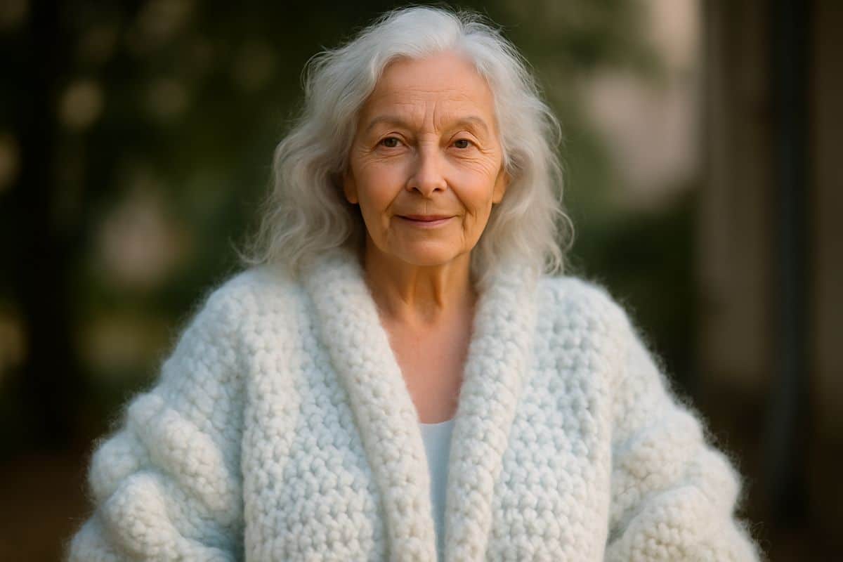 Mulher de cabelos brancos usando cardigã nuvem oversized branco de crochê ao ar livre — tendência outono 2026