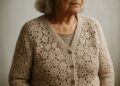 Mulher idosa usando cardigã de crochê bege com botões — tendência crochê outono 2026