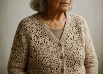 Mulher idosa usando cardigã de crochê bege com botões — tendência crochê outono 2026