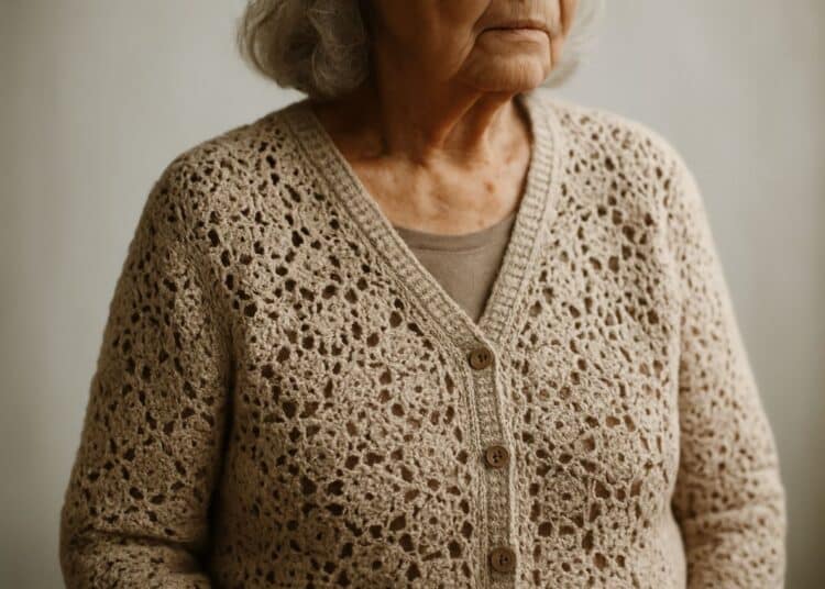 Mulher idosa usando cardigã de crochê bege com botões — tendência crochê outono 2026