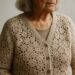 Mulher idosa usando cardigã de crochê bege com botões — tendência crochê outono 2026