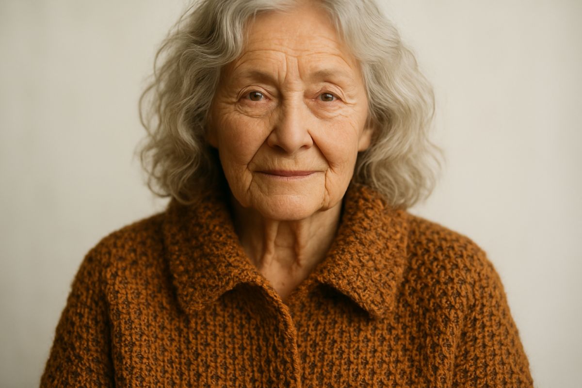 Mulher de cabelos grisalhos usando casaco de crochê ponto fantasia caramelo — Heavy Knit Look outono 2026