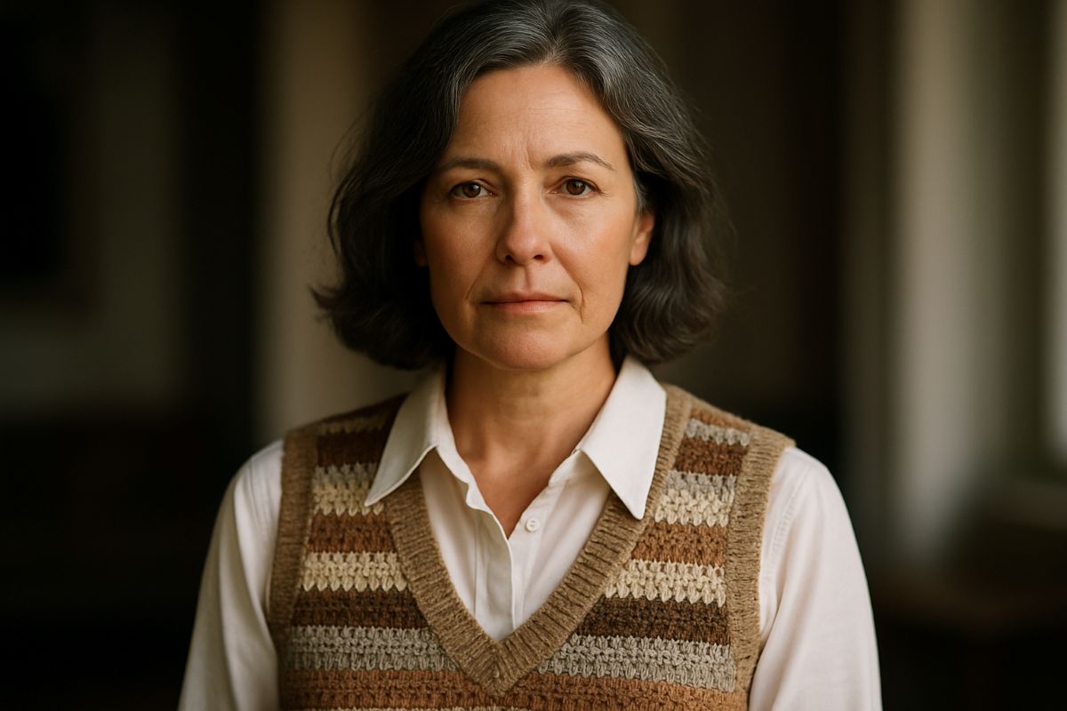 Mulher usando colete de crochê listrado em tons terrosos sobre camisa branca — tendência vest anos 90 outono 2026