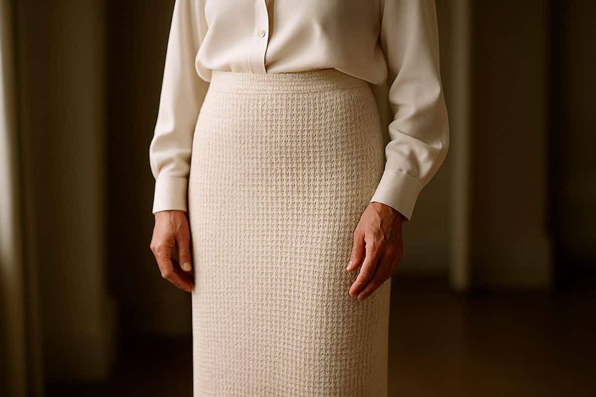 Mulher usando saia midi de crochê bege estilo Old Money com camisa branca — tendência crochê outono 2026