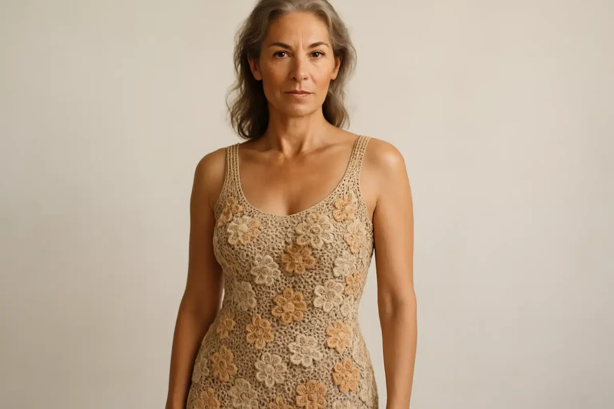 Mulher usando vestido de malha crochê bege com aplicações de flores — tendência crochê outono 2026