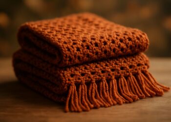 Peças de crochê dobradas em tom terracota sobre mesa de madeira