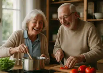 Casal de idosos sorrindo enquanto cozinha juntos em cozinha doméstica com legumes frescos sobre a bancada