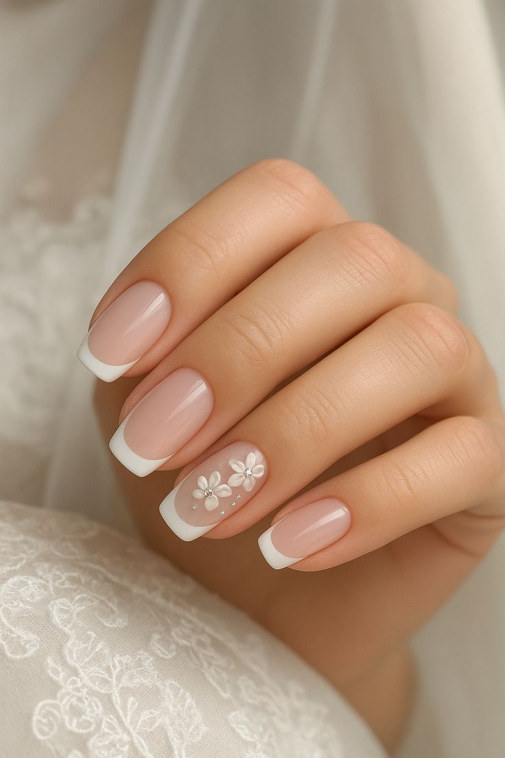 Close nas mãos de uma noiva mostrando uma manicure clássica estilo francesinha off-white. A unha do dedo anelar apresenta uma nail art delicada com duas flores brancas em relevo 3D e pequenos cristais cintilantes no centro.