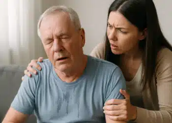 Homem idoso com olhos fechados sendo segurado por mulher preocupada em casa