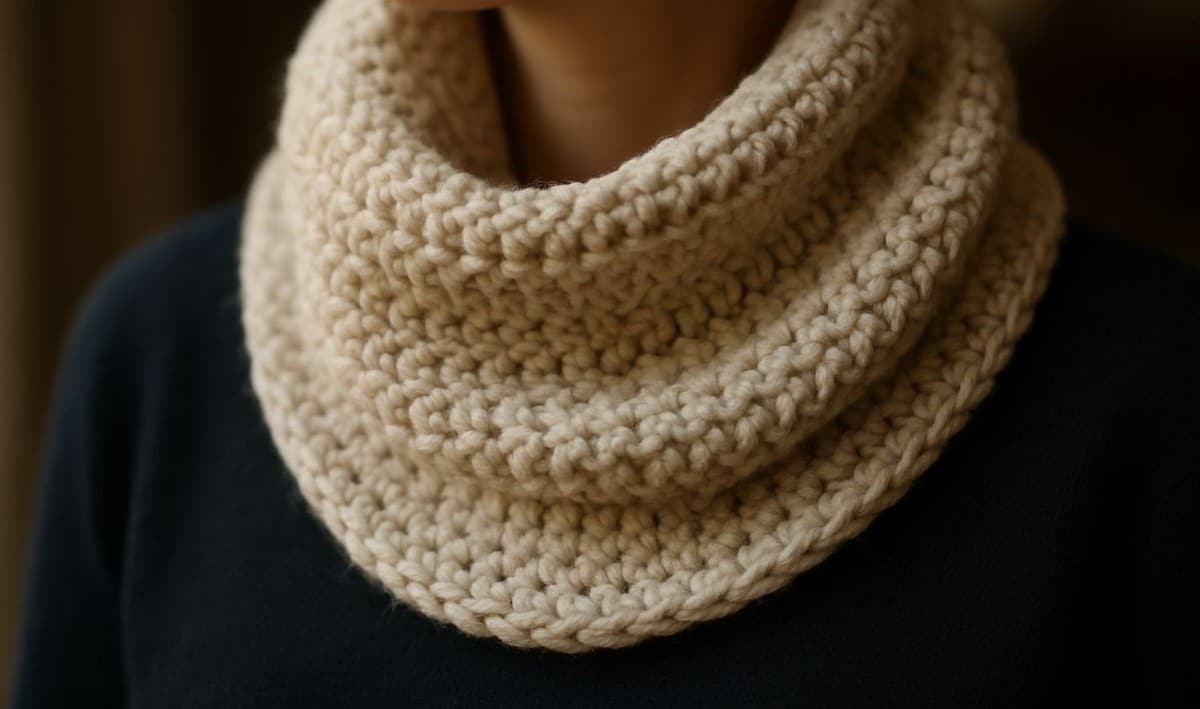 Gola cowl de tricô texturizado em tom bege com ponto volumoso, usada sobre blusa escura em estilo inverno