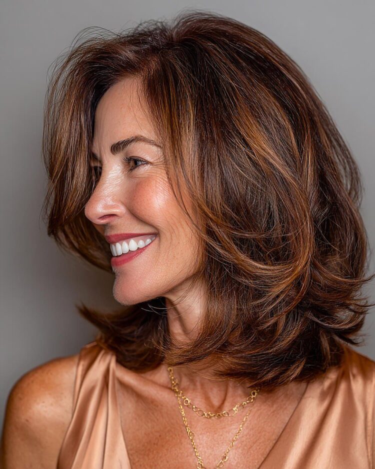 Mulher sorrindo com corte long bob desfiado em tons castanhos, usando blusa bege