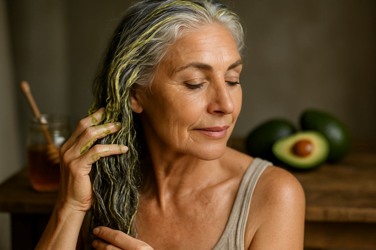 Mulher de cabelos brancos aplicando máscara de abacate nos fios com abacates e mel ao fundo — máscara caseira para cabelo branco