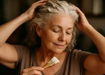 Mulher de cabelos brancos aplicando máscara caseira nos fios com pincel — tratamento para ressecamento do cabelo branco no outono